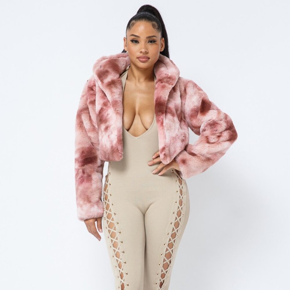 NWT PINK MAUVE TIE DYE SOFT FAUX FUR HOODED OPEN CROP JACKET